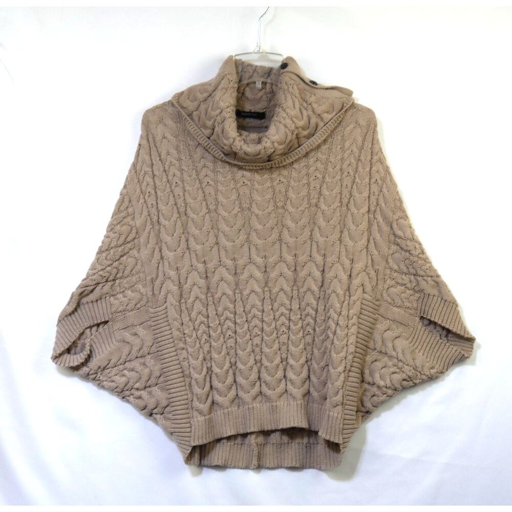 August Silk Poncho Womens Med Beige Acrylic Cable Knit Cowl Neck Sweater Cape